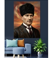 Karizmatik Atatürk Portresi Kırmızı Fon Dekoratif Kanvas - Mdf Ahşap Tablo