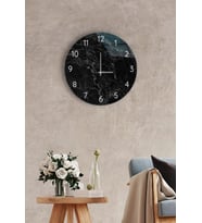 Çap 37cm - Siyah Mermer - Dekoratif Cam Duvar Saati