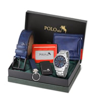 Polo Air Erkek Kol Saati Cüzdan Kemer Kartlık Çakmak Anahtarlık Kombin Set Gümüş Lacivert Renk PL-0993E2 (Lacivert-Gumus)