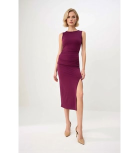Kadın Kolsuz Balıkçı Yaka Bodycon Maxi Elbise Astarlı Micro Dokuma Yandan Yırtmaçlı Günlük Rahat