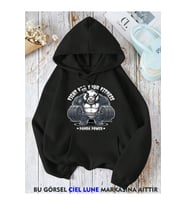Unisex Panda Power GYM Baskılı Oversize Baskılı Kapşonlu Sweatshirt 3 Iplik (Siyah)