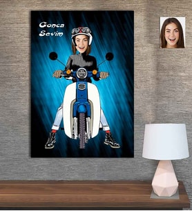 Kişiye Özel Karikatür Baskılı Ahşap Motorcu Kadın-4 30x40