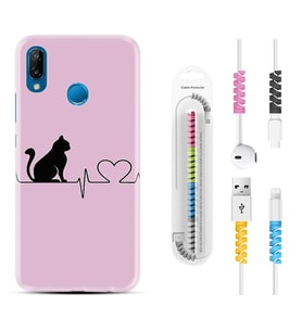 Huawei P20 Lite Mate 10 20 Lite Pro P40 Lite KılıfKablo Koruma Spiral Silikon Pink Cat Heart 1303