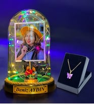 Sizlere Özel Renkli Led Işıklı Fanus ve Kelebek Kolye Hediye Seti (Model 6)
