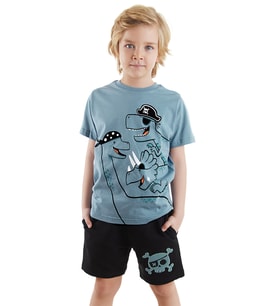 Korsan Dinolar Erkek Çocuk T-shirt Şort Takım (Mavi)