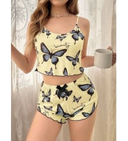 Kadın Sarı Kelebek Desenli Askılı Şortlu Ribana Pijama Takımı,Rahat ve Şık Ev Giyim,Kadın Pijama