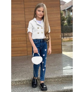 Kız Çocuk Gümüş Düğme Detaylı Beyaz Blazer Ceket Kalp Detaylı Jean Pantolon Alt