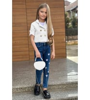 Kız Çocuk Gümüş Düğme Detaylı Beyaz Blazer Ceket Kalp Detaylı Jean Pantolon Alt