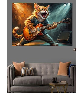 Gitar Çalan Rockçı Kedi Portresi Dekoratif Kanvas - Mdf Ahşap Tablo