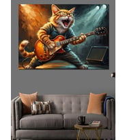 Gitar Çalan Rockçı Kedi Portresi Dekoratif Kanvas - Mdf Ahşap Tablo