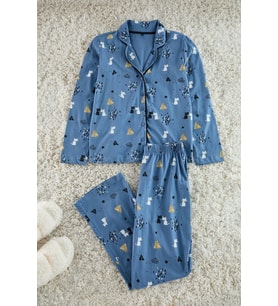 Tarz Rahat Uzun Kollu Boru Paça %100 Pamuklu Desenli Örme Pijama Takımı (Mavi)