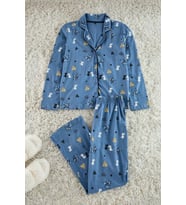 Tarz Rahat Uzun Kollu Boru Paça %100 Pamuklu Desenli Örme Pijama Takımı (Mavi)