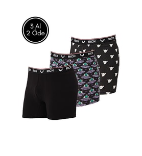 Erkek Likralı Desenli ve Düz 3'lü Boxer Paketi
