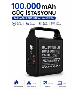 100000mAh Powerbank 22.5W Hızlı Şarj Dahili Kablolu LCD Ekranlı LED Fenerli 3A Taşınabilir Güç İstasyonu