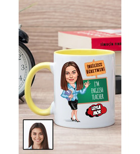 Kadın İngilizce Öğretmenine Hediye Karikatürlü Sarı Kupa Bardak