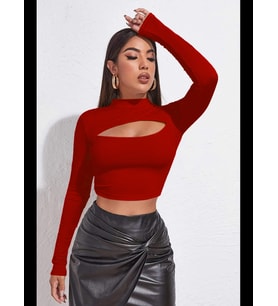 Fantezia Night Kadın Kırmızı Göğüs Dekolteli Uzun Kollu Cut Out Crop Top Bluz