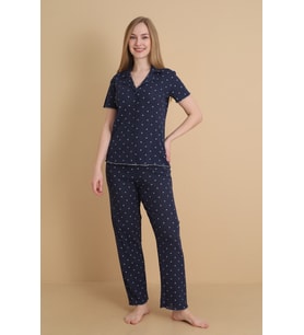 Mirano 1709 Çiçekli Pointel İnce Kumaş Düğmeli Kısa Kollu Kadın Pijama Takımı
