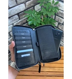 Guard Çift Fermuarlı Siyah Hakiki Deri El Çantası Erkek / Kadın P3031