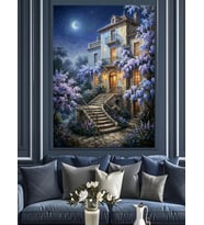 Gece Vakti Çiçekli Taş Konak Dekoratif Kanvas - Mdf Ahşap Tablo