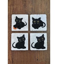 Doğal Taş Bardak Altlığı 4'lü Set 10x10x1 cm Sinirli Kedi Desenleri -Stone Coasters