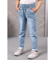 Katlanır Paça Beli Lastikli Kız Çocuk Kot Pantolon (Mavi)