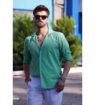 Mint Yeşili Keten Apaj Yaka Relax Fit Hediye Kutulu Erkek Gömlek
