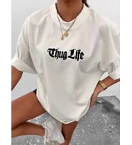 Unisex Bisiklet Yaka Baskılı Oversize T-Shirt - Beyaz