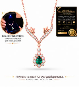 Premium Işıklı Kutuda 925 Ayar Gümüş Yeşil Damla Taşlı Tasarım Kadın Kolye