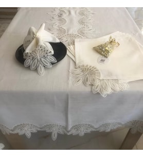 Sofra Takımı Lady Gardenya Keten Yemek Takımı 160x220 Masa Seti 12 Kişilik 26 Parça Runner Set Kreme Gold