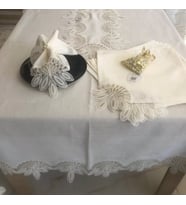 Sofra Takımı Lady Gardenya Keten Yemek Takımı 160x220 Masa Seti 12 Kişilik 26 Parça Runner Set Kreme Gold