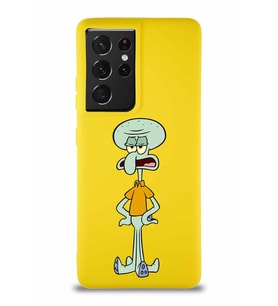 Samsung Galaxy S21 Ultra Soft Premier Kapak Squidward Dokunaç Tasarımlı Silikon Kılıf - Sarı (Şeffaf)