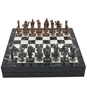 GiftHome Büyük Boy Metal İngiliz Satranç Tk. Antik ve Mermer Desenli Sandıklı MDF Tahtası(36X36 cm.) 