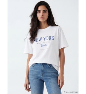 LCW Vision Beyaz Baskılı Oversize %100 Pamuklu Kadın Tişört