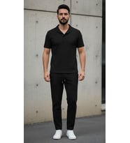Unisex Kadın/Erkek Özel Bürümcük Krinkıl Kumaş Yazlık Likralı Kısa Kol Tişört Eşofman Elbise Takım (Siyah)