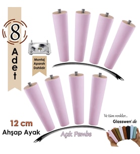 8 Adet Ahşap Ayak 12 Cm Açık Pembe M8 Civatalı Bağlantı Aparatlı Dolap Mobilya Koltuk Kanepe Destek Ayağı Ayakları