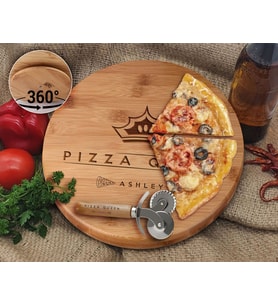 BK Gift Kişiye Özel İsimli Bambu Ahşap Döner Tablalı Pizza Tahtası-2, Pizza Kesme Tahtası Seti, Şarküteri Tahtası, Servis Tepsisi, Ahşap Tabak, Eve Taşınma Hediyesi