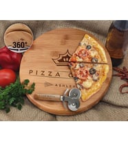 BK Gift Kişiye Özel İsimli Bambu Ahşap Döner Tablalı Pizza Tahtası-2, Pizza Kesme Tahtası Seti, Şarküteri Tahtası, Servis Tepsisi, Ahşap Tabak, Eve Taşınma Hediyesi