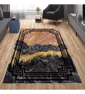 Siyah Mermer Desenli Gold Yıkanabilir Kaymaz Taban Leke Tutmaz Modern Salon Halısı ve Yolluk (KAHVE)