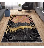 Siyah Mermer Desenli Gold Yıkanabilir Kaymaz Taban Leke Tutmaz Modern Salon Halısı ve Yolluk (KAHVE)
