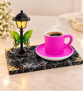 Sokak Lambalı Siyah Kaideli Tasarım Pembe Kahve Fincanı Işıklı Hediye