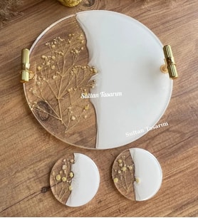 Altın Varaklı Dalgalı Iki Kişilik Söz Nişan Damat Epoksi Sunum Tepsisi Ve Yüzük Yükseltici Seti (Çiçek Motifli)