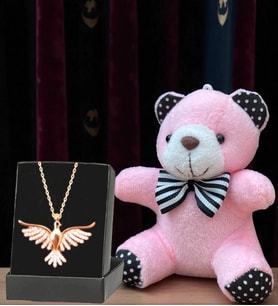 Gerçek Ametist Taşlı Anka Kuşu Kolye ve Peluş Ayıcık Anahtarlık Hediye Seti
