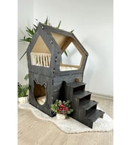 Mavitrend Ahşap Büyük Kedi Evi XXL Açık Teraslı Model 5 Kg Üstü Kediler İçin Siyah Renk
