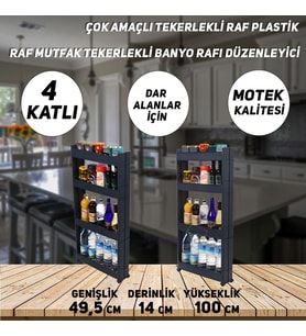 Technow Motek SR-04 Tekerlekli Mutfak,Banyo Rafı 4 Katlı Organizer  Antrasit (Beyaz)