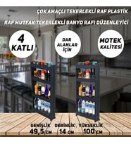 Technow Motek SR-04 Tekerlekli Mutfak,Banyo Rafı 4 Katlı Organizer  Antrasit (Beyaz)
