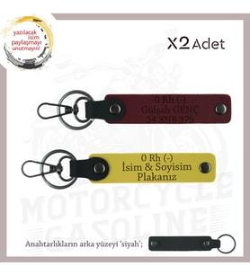 Motor Tutkunlarına İsim Plaka ve 0 Rh (-) Kan Grubu Yazılı Özel Üretim x2 Anahtarlık, Sarı-Bordo-Syh (Çok Renkli)