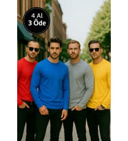 Erkek Sarı-Mavi-Kırmızı-Gri Melanj 4'lü Paket Basic Uzun Kollu Tişört Sporcu Body T-shirt
