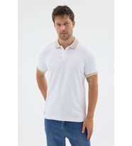 Beyaz-Bej Polo Yaka Pike Kısa Kol Slim Fit %100 Pamuk Tişört 1011260171