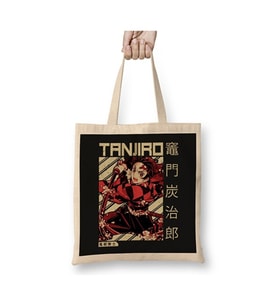 Demon Slayer Tanjiro Kamado Bez Çanta Uzun Saplı Alışveriş Çantası Plaj Çantası (Beyaz)