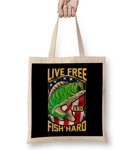 Live Free and Fish Hard Fishing Patriotic Fisher Bez Çanta Uzun Saplı